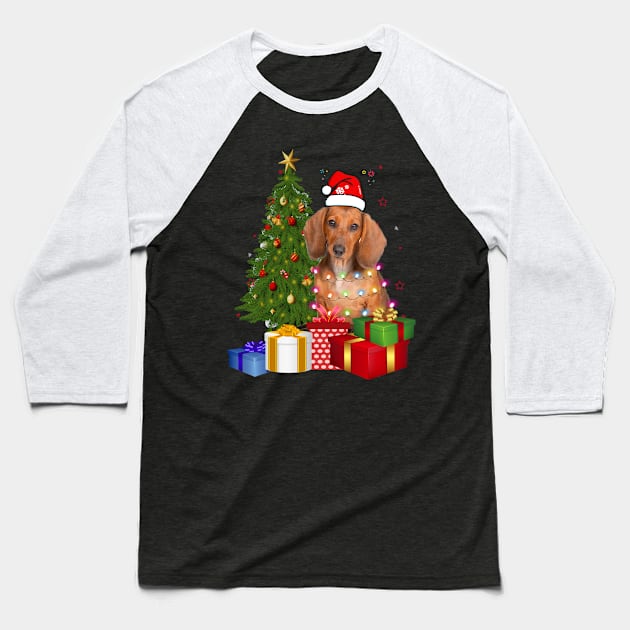 Dachshund Christmas Tree Santa Hat Funny Xmas Gift Dog T-Shirt Baseball T-Shirt by CoolTees